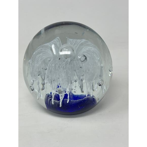 Hand Blown Art Glass Paperweight Flower Large Cobalt Blue Bubble - Picture 7 of 11